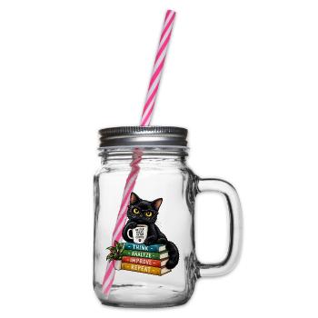 Nerdy Katze mit Kaffee und Büchern - Henkelglas mit Schraubdeckel - Klar - Rechts