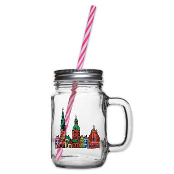 Riga Skyline im bunten Wachsmalstil - Henkelglas mit Schraubdeckel - Klar - Rechts
