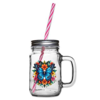 Blaues Schmetterling im Blumenring - Henkelglas mit Schraubdeckel - Klar - Rechts
