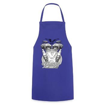 V8 Garage Lounge Oldtimer - Kochschürze - Royalblau - Vorne - AI Model Male 185 dark (185cm)
