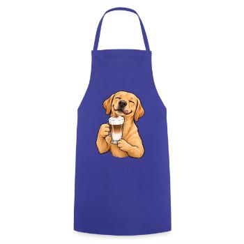 Labrador mit Latte Macchiato – Kaffeepause - Kochschürze - Royalblau - Vorne - AI Model Male 185 dark (185cm)