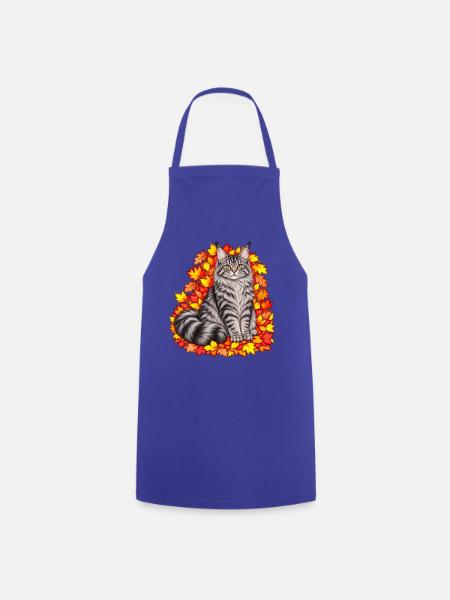 Herbstkatze auf Blätterkranz - Kochschürze - Royalblau