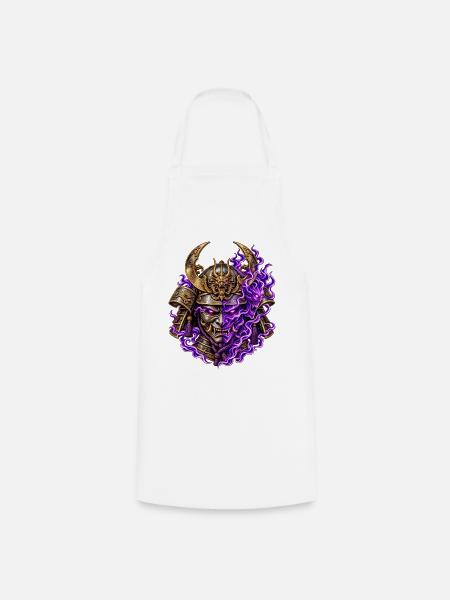 Dämonischer Samurai – Oni-Maske & Lila Flammen - Kochschürze - Weiß
