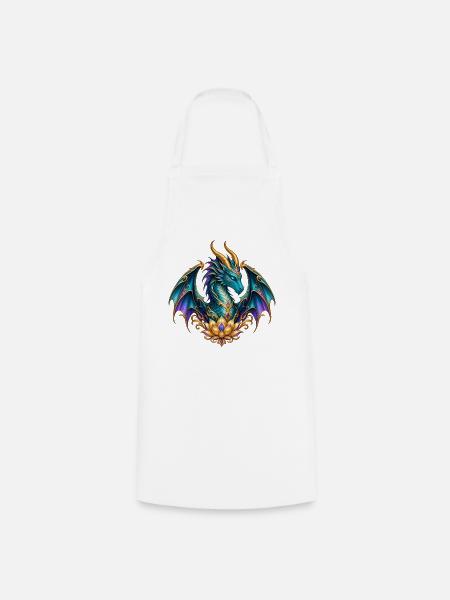 Lotusdrache – Türkiser Fantasy-Drache in Gold - Kochschürze - Weiß