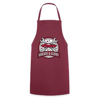 Retro Muscle Car Garage Abzeichen – Öl und Ruhm - Kochschürze - Bordeaux - Vorne - AI Model Male 185 dark (185cm)