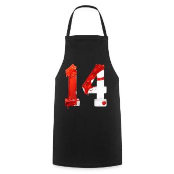 NR. 14 NUMMER 14 ROT WEIß 14. GEBURTSTAG - Kochschürze - Schwarz - Vorne - AI Model Male 185 dark (185cm)