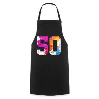 FARBIG NUMMER 50 BUNT 50. GEBURTSTAG - Kochschürze - Schwarz - Vorne - AI Model Male 185 dark (185cm)