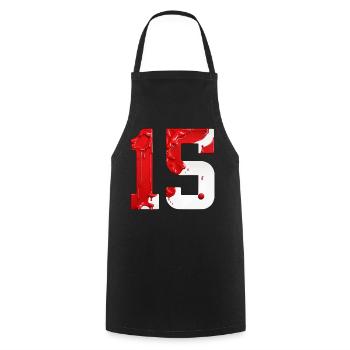 NR. 15 NUMMER 15 ROT WEIß 15. GEBURTSTAG - Kochschürze - Schwarz - Vorne - AI Model Male 185 dark (185cm)