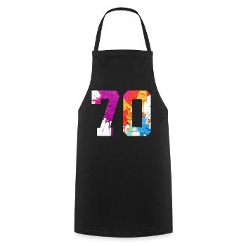 FARBIG NUMMER 70 BUNT 70. GEBURTSTAG - Kochschürze - Schwarz - Vorne - AI Model Male 185 dark (185cm)