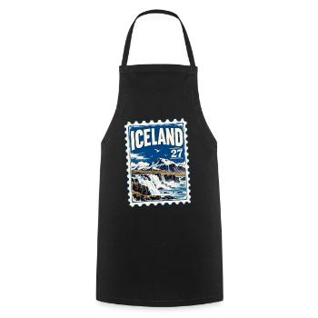 Island Vintage Briefmarke – Wasserfall & Berge - Kochschürze - Schwarz - Vorne - AI Model Male 185 dark (185cm)
