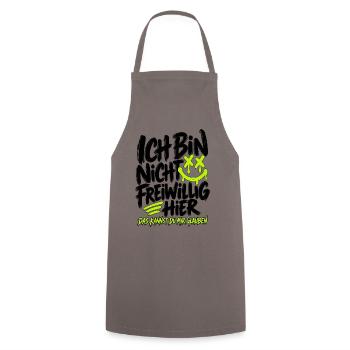 Ich bin nicht freiwillig hier – Lustiger Spruch - Kochschürze - Grau - Vorne - AI Model Male 185 dark (185cm)