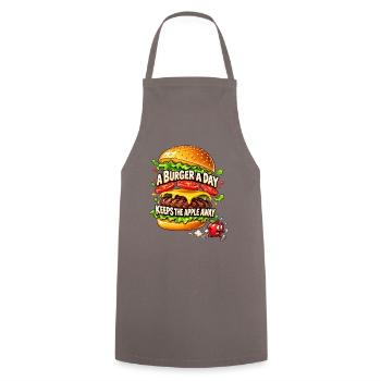 A Burger a Day Keeps the Apple Away – Burgerhumor - Kochschürze - Grau - Vorne - AI Model Male 185 dark (185cm)