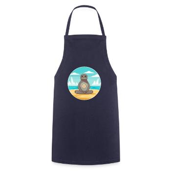 Seehund, Karikatur, Yoga, Strand, Sommer, Illustration - Kochschürze - Navy - Vorne - AI Model Male 185 dark (185cm)