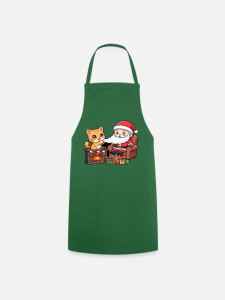 CatChristmas: Weihnachtsmann am Kamin - Kochschürze - Grün
