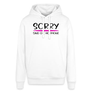 Sorry Sind Die Hormone Frauen Spruch - Stanley/Stella Unisex Hoodie SOUNDER - Weiß - Vorne - Alina (178cm) & Michal (187cm)