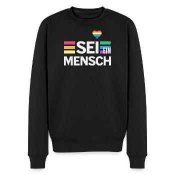 SEI EIN MENSCH - Statement für mehr Menschlichkeit - Männer Premium Bio Pullover - Schwarz - Vorne - Nico (187cm)