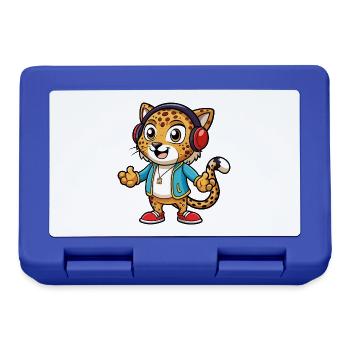 Léopard Funny Cartoon Character Musique de casque - Boîte à goûter - bleu royal - Devant