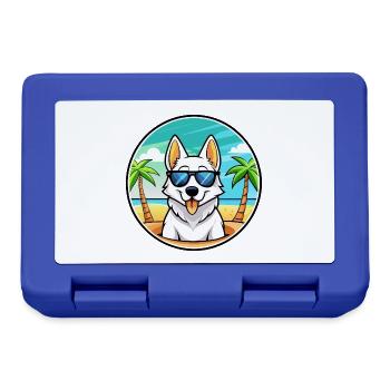 White Shepherd Dog Breed Cartoon Sunglasses Beach - Lunchbox - royal blue - Front