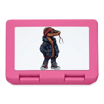 Schlange mit dunkler Winterjacke und Mütze - Brotdose - Pink - Vorne