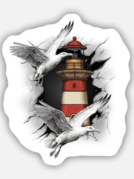 Leuchttürme Leuchtturm Möwe Möwen - Sticker Größe S (10 x 10 cm) - Mattweiß