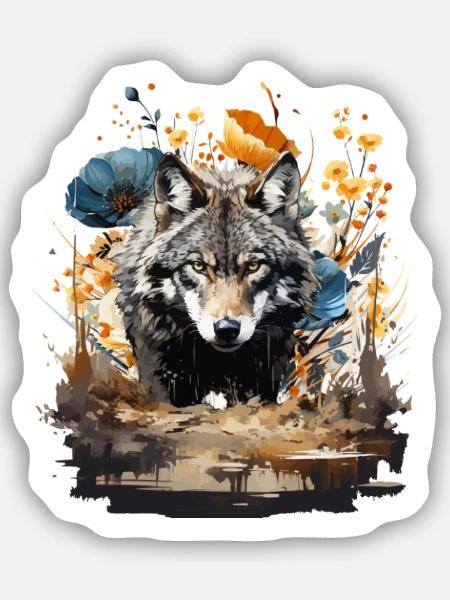 Wolf mit Vintage Blumen - Sticker Größe S (10 x 10 cm) - Mattweiß