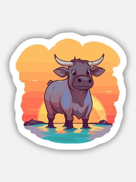 Stier, lustige Cartoon-Kawaii-Strand-Illustration - Sticker Größe S (10 x 10 cm) - Mattweiß