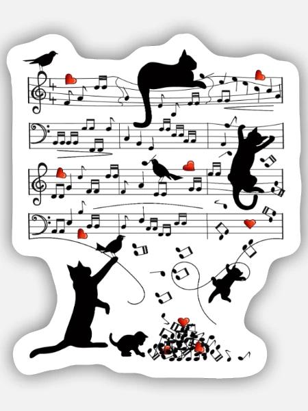 Notenblatt Katzen Herzen Musik Amsel - Sticker Größe S (10 x 10 cm) - Mattweiß