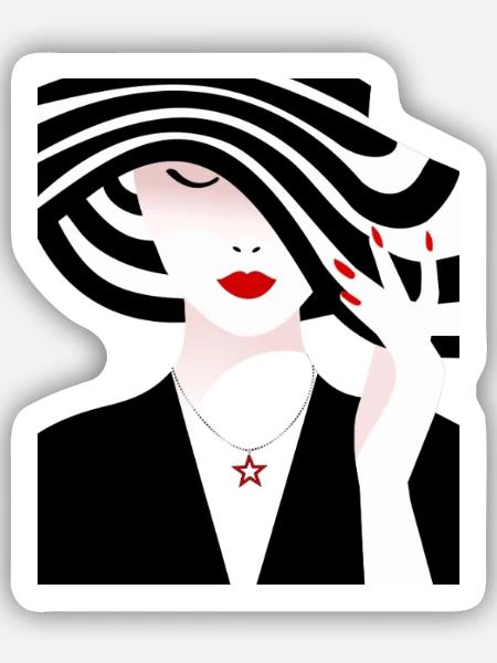 Frau mit schwarz weiß gestreiftem Hut - Sticker Größe S (10 x 10 cm) - Mattweiß