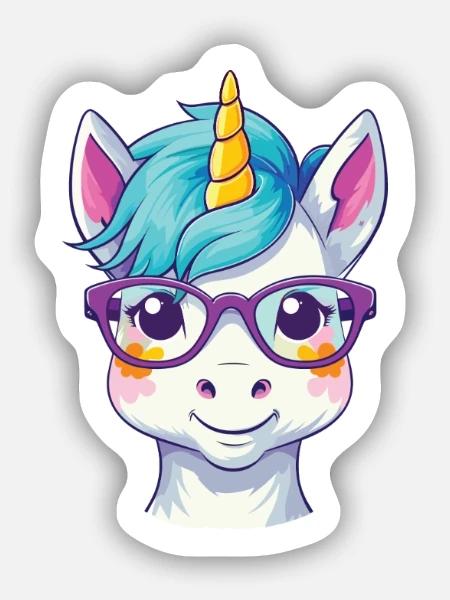 Einhorn mit Brille Cartoon Kawaii Illustration - Sticker Größe S (10 x 10 cm) - Mattweiß