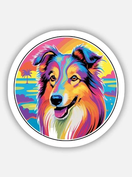 Rauer Collie Hund Rasse Bunte Karikatur Aquarell - Sticker Größe S (10 x 10 cm) - Mattweiß
