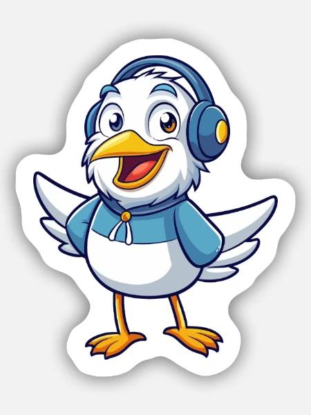 Möwe Lustige Zeichentrickfigur Kopfhörer Musik - Sticker Größe S (10 x 10 cm) - Mattweiß