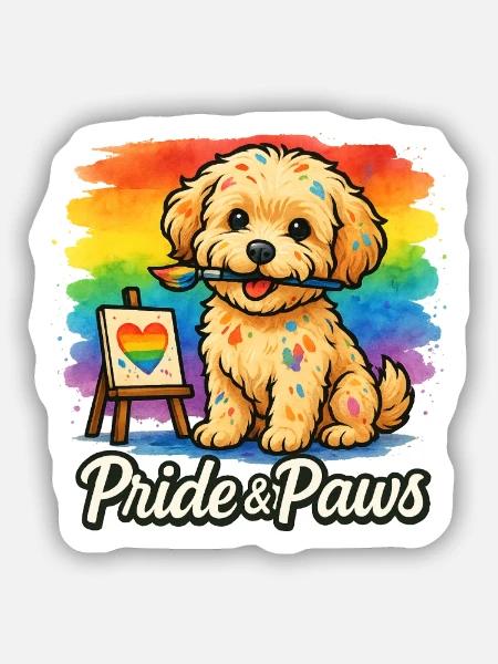 Pride & Paws – Maltipoo mit Pinsel & Regenbogen - Sticker Größe S (10 x 10 cm) - Mattweiß