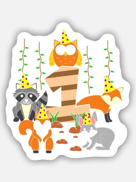 1. Geburtstag Baby Eins 1 Waldtiere - Sticker Größe S (10 x 10 cm) - Mattweiß