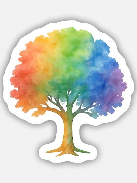 Rainbow Tree – Bunter Aquarell-Baum voller Leben u - Sticker Größe S (10 x 10 cm) - Mattweiß