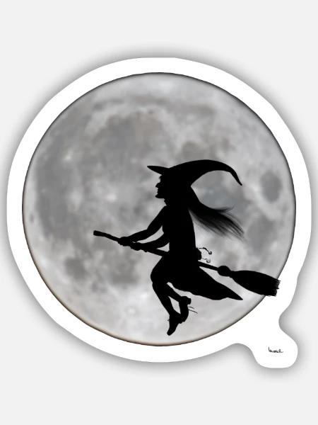 Fliegende Hexe vorm Mond - Sticker Größe S (10 x 10 cm) - Mattweiß