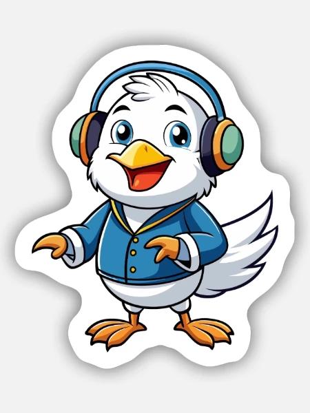 Möwe Lustige Zeichentrickfigur Kopfhörer Musik - Sticker Größe S (10 x 10 cm) - Mattweiß
