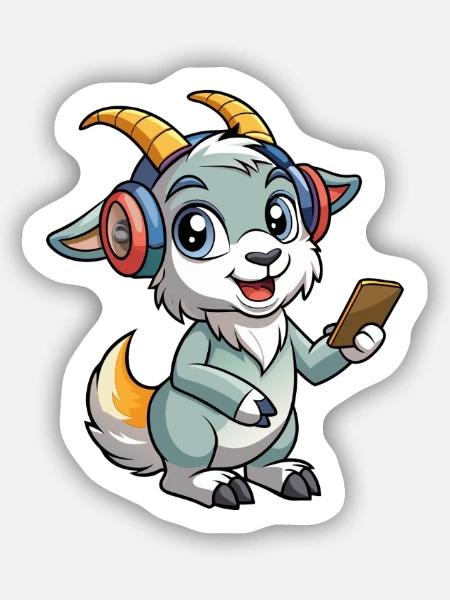 Chèvre Drôle Dessin Animé Personnage Casque Musique - Sticker taille S (10 x 10 cm) - blanc mat