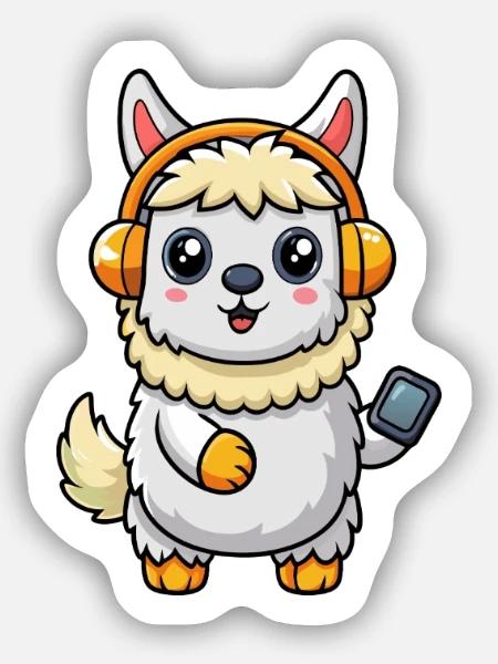 Alpaka Lustige Zeichentrickfigur Kopfhörer Musik - Sticker Größe S (10 x 10 cm) - Mattweiß