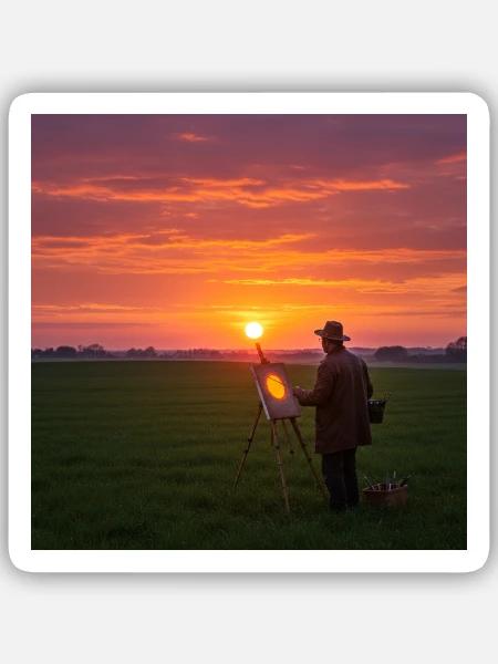 Sonnenuntergang mit Person im Feld - Sticker Größe S (10 x 10 cm) - Mattweiß