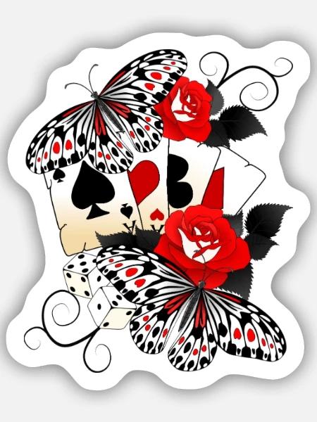 Kartenspiel mit Rosen und Schmetterlingen - Sticker Größe S (10 x 10 cm) - Mattweiß
