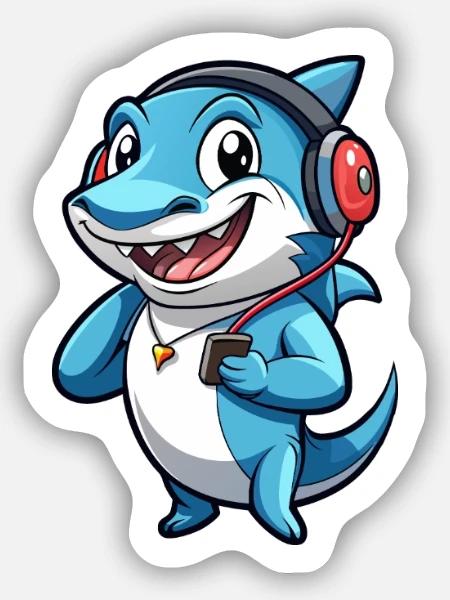 Hai Lustige Zeichentrickfigur Kopfhörer Musik - Sticker Größe S (10 x 10 cm) - Mattweiß