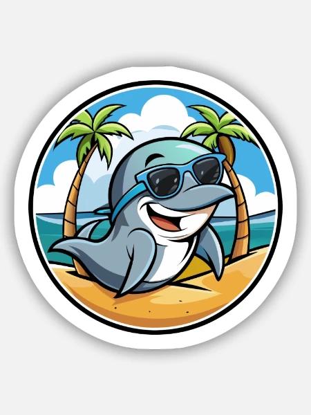 Delfin Lustige Cartoon Sommer Strand Sonnenbrille Cool - Sticker Größe S (10 x 10 cm) - Mattweiß