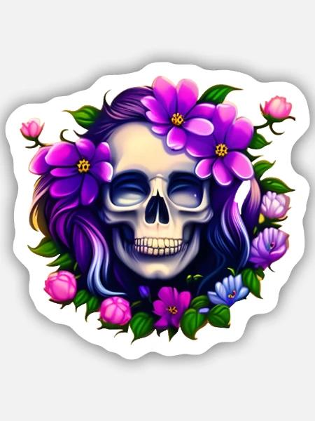 Gothic Skull Lady mit Blumen Mystisches Totenkopf - Sticker Größe S (10 x 10 cm) - Mattweiß