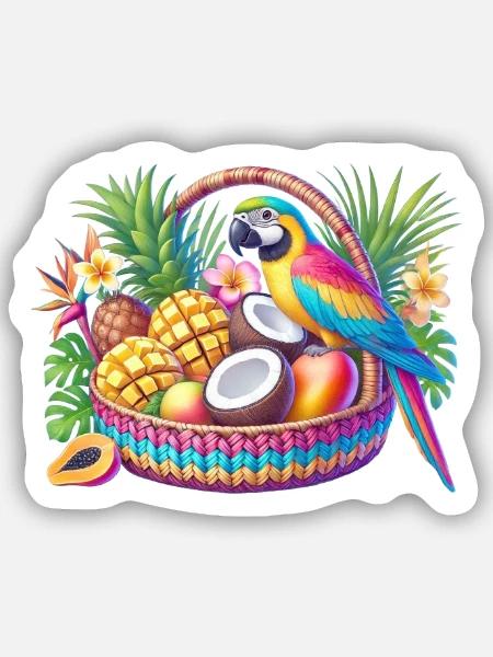 Corbeille de fruits avec perroquet - Sticker taille S (10 x 10 cm) - blanc mat