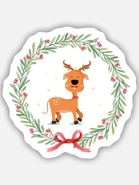 Lustiges Rentier im Weihnachtskranz - Sticker Größe S (10 x 10 cm) - Mattweiß