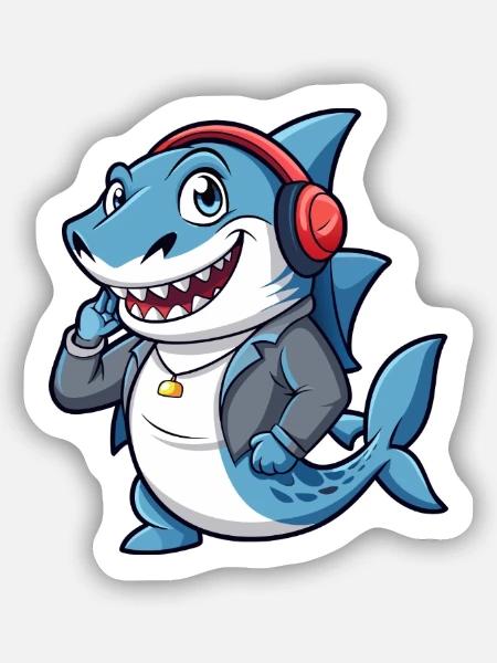 Hai Lustige Zeichentrickfigur Kopfhörer Musik - Sticker Größe S (10 x 10 cm) - Mattweiß