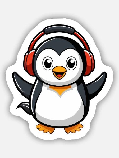 Pinguin Lustige Zeichentrickfigur Kopfhörermusik - Sticker Größe S (10 x 10 cm) - Mattweiß
