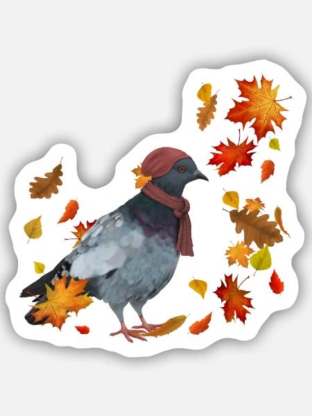 Herbsttaube mit Mütze und Schal im Herbstlaub - Sticker Größe S (10 x 10 cm) - Mattweiß