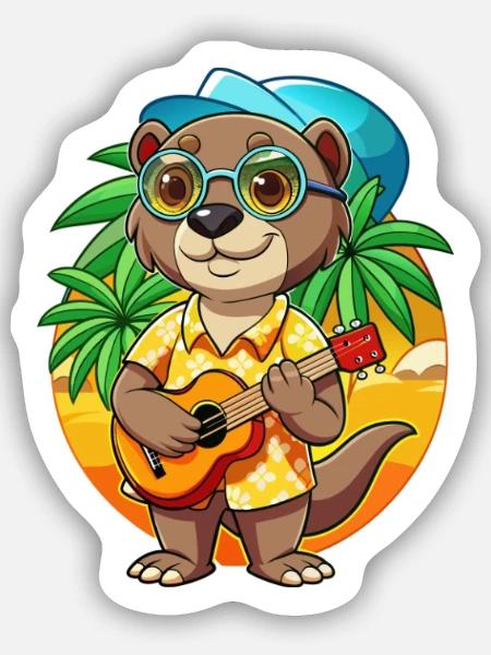 Lustige Otter Cartoon Sommer Strand Sonnenbrille Gitarre - Sticker Größe S (10 x 10 cm) - Mattweiß