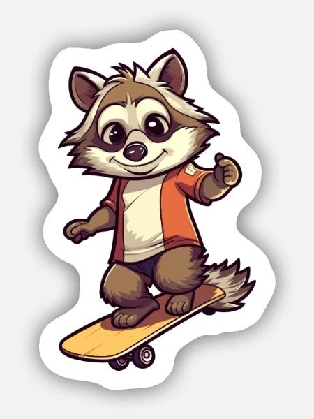 Lustiger Waschbär Kawaii Cartoon spielt Skateboard - Sticker Größe S (10 x 10 cm) - Mattweiß